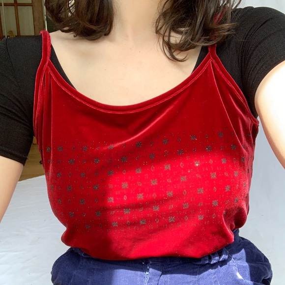 VTG 90s Red Velvet Black Sparkle Camisole Tank L - Picture 1 of 6